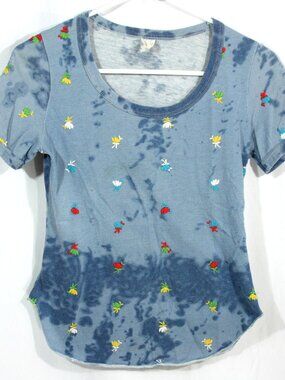Vintage Variety Floral Embroidered Blue Tie Dye Cotton Blend T-Shirt S 1970s